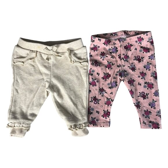 Garanimals Baby Girl Pants 2pc Lot Size 0-3M Pink Floral & Oatmeal - Picture 1 of 10